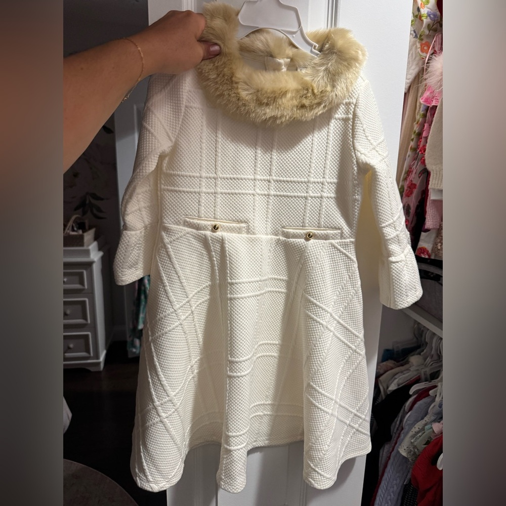 Janie and Jack Cream Dress with Faux Fur Collar